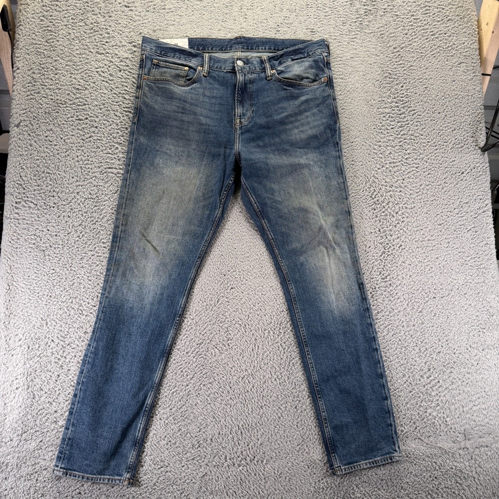 H&M Jeans Mens 38x32 Blue Cotton Denim Straight Slim Fit Faded Whiskered Stretch